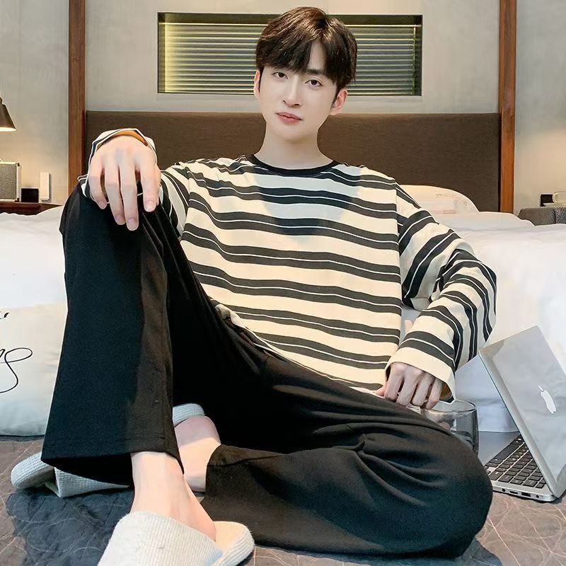 Corea del Sur 2024 pijamas de hombre de otoño pantalones de manga larga larga con un conjunto de sombreros más grande ropa casera simple al por mayor