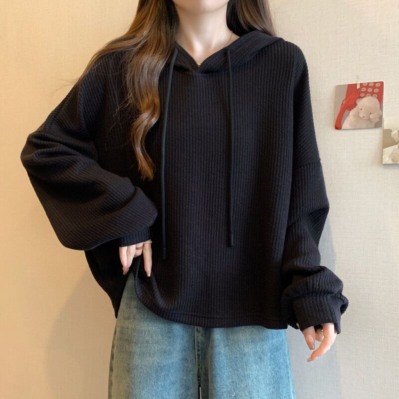 Black Hooded Long-Sleeve Sweatshirt for Women, New Spring Style, Plus Size, Flattering for Slightly Plump Figures, European Fashion, Stylish Base Hoodie