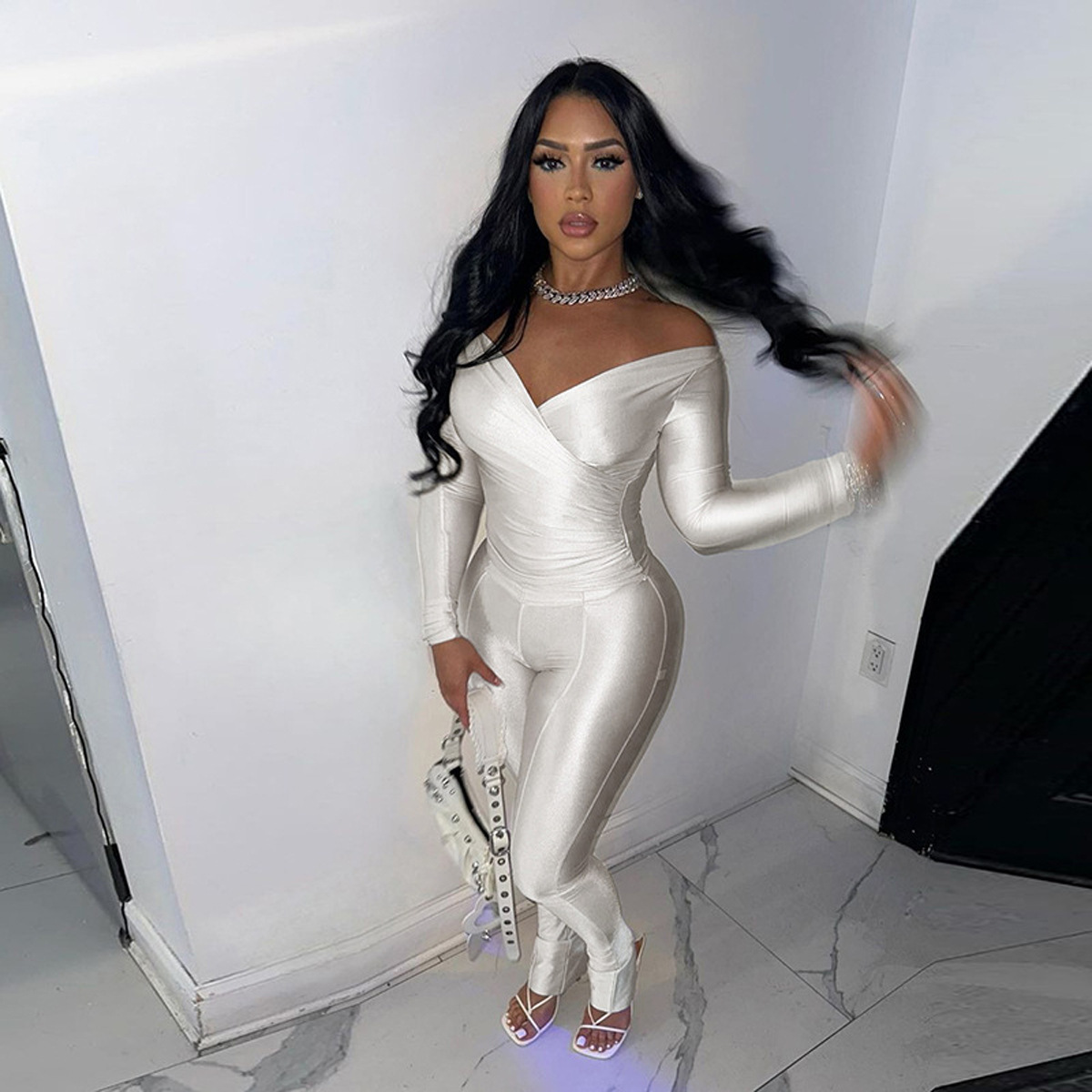 European and American Style Women's New Sexy Off-Shoulder Large V Neck High Waist Tight Pants Casual Sports Suit