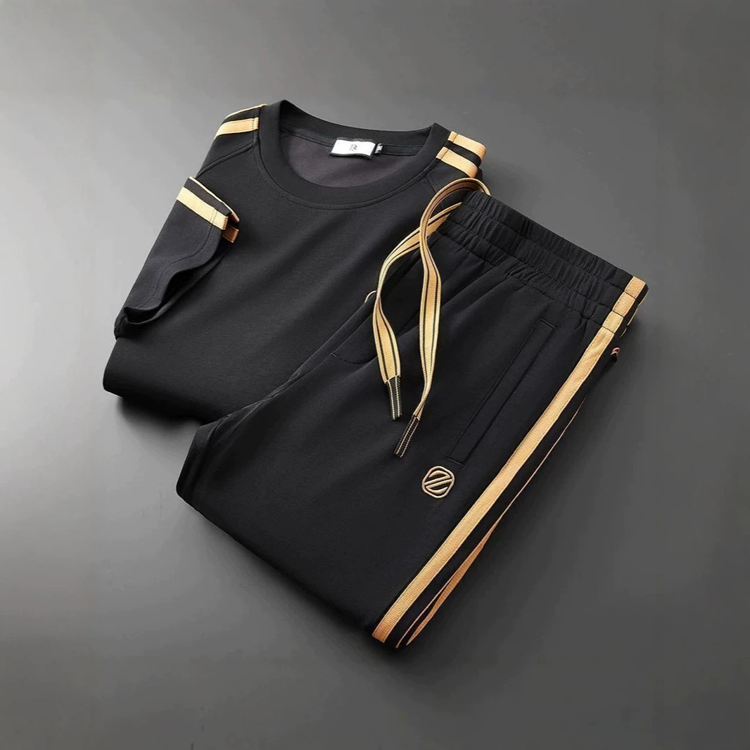 Lightweight Summer Men's 2-Piece Set Breathable Modal Cotton Short Sleeve T-Shirt & Straight Leg Pants With Minimalist Embroidery_viptrois.com