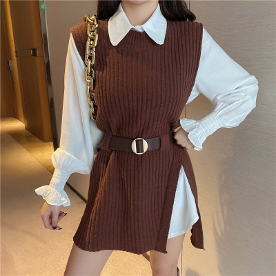 Set Women 2020 new pattern Autumn and winter fashion temperament Korean Edition Show thin shirt knitting Vest coat Two piece set