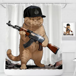跨境抽象猫咪带武器游泳印花浴帘日常家居卧室浴室装饰隔水浴帘