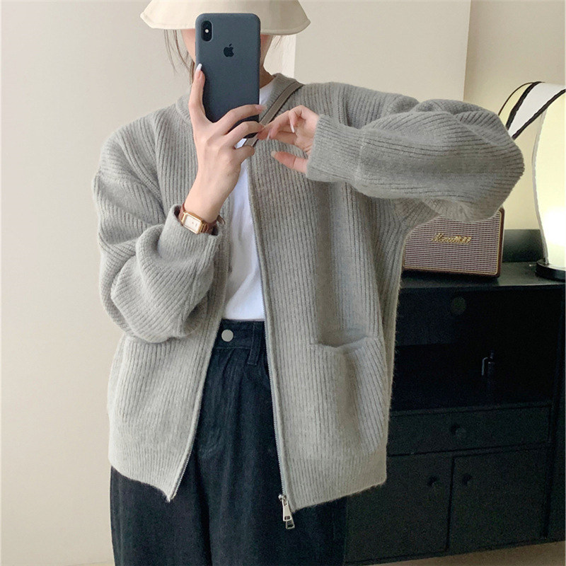Retro solid color cardigan with zipper