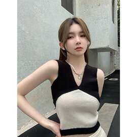 纯欲甜辣妹性感v领针织吊带背心女夏外穿抹胸无袖奶别致短款上衣