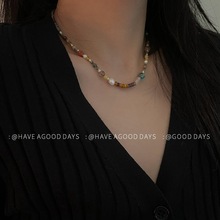 美拉德风琉璃珍珠串珠天然石项链气质小众设计感锁骨链个性高级感