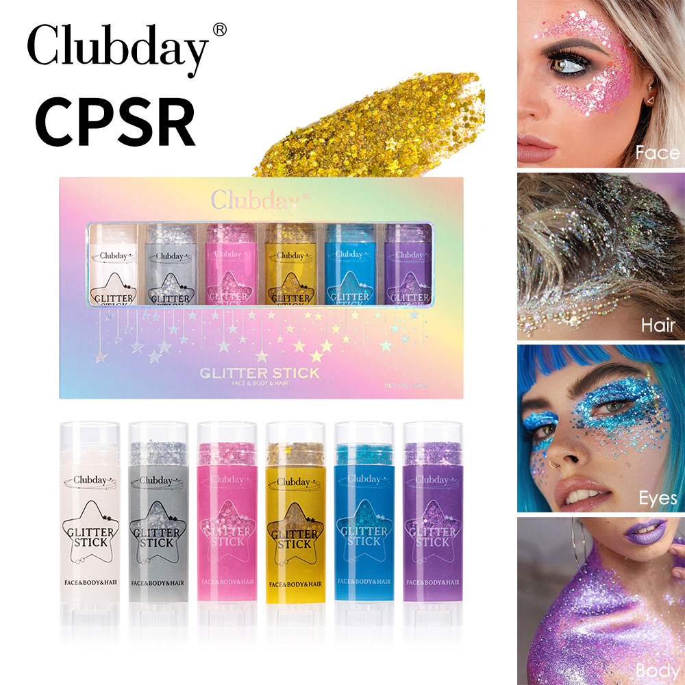Cross-border 6-color Flash Colorful Sequin Stick Body Brightening Stage Makeup Lip and Cheek Dual-use One-piece Stick suit Gel Stick