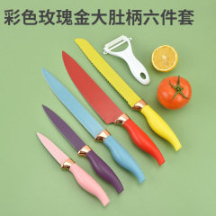 彩色玫瑰金大肚柄六件套炫麗彩虹色不鏽鋼廚房刀具套裝禮品盒套刀