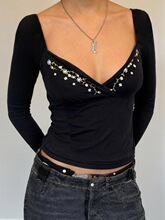 D 27920 Sexy V Neck Embroidered T Shirt �Ըд���T��