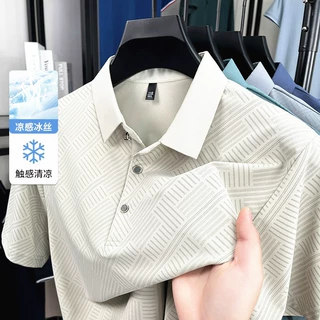 跨境代发男士短袖T恤冰丝夏季休闲商务翻领纯色POLO外穿上衣男