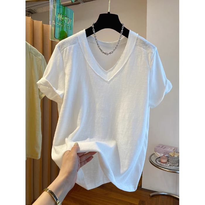 大きいサイズ 120kg リバースウェアデザインニッチイエロー V ネック Tシャツレディース半袖ルーズインナーレイヤリングシャツトップ夏|undefined