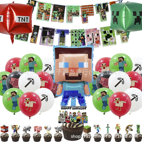 Тема Minecraft пиксельная игра мультфильм флаг торт вставка латекс алюминиевая фольга воздушный шар набор