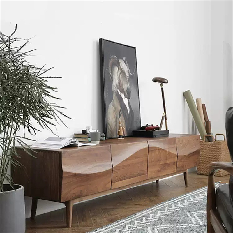 North American Black Walnut Cherry Wood Solid Wood Tv Cabinet Living Room Small Apartment Scandinavian Creative Simple Wave Floor Cabinet