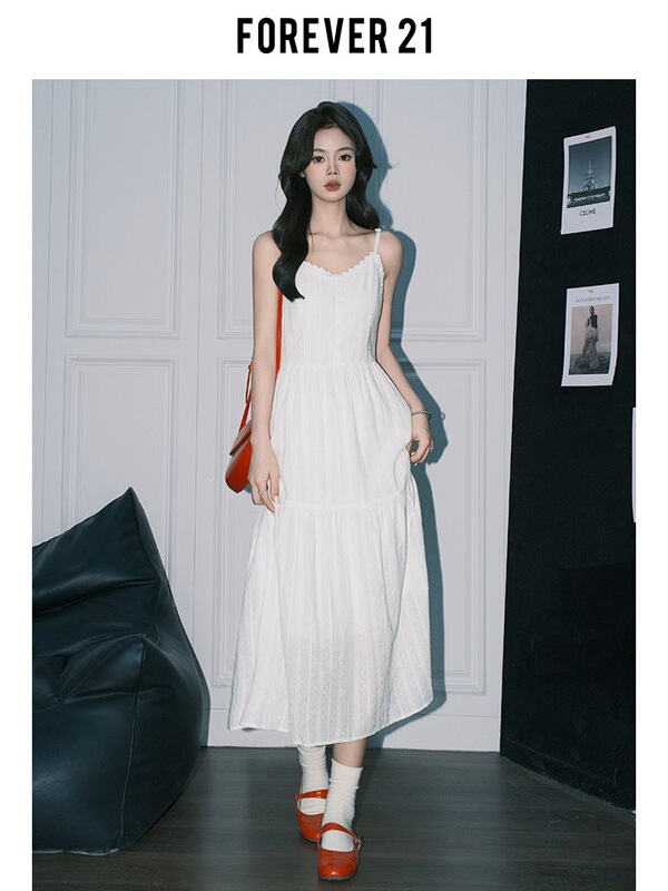Forever21 Light Spring Style Gentle Camisole Dress for Women, Korean Style Gorgeous First Love Little White Dress, A-line Beach Long Dress Forever21 Light Spring Style Gentle Camisole Dress for Women, Korean Style Gorgeous First Love Little White Dress, A-line Beach Long Dress