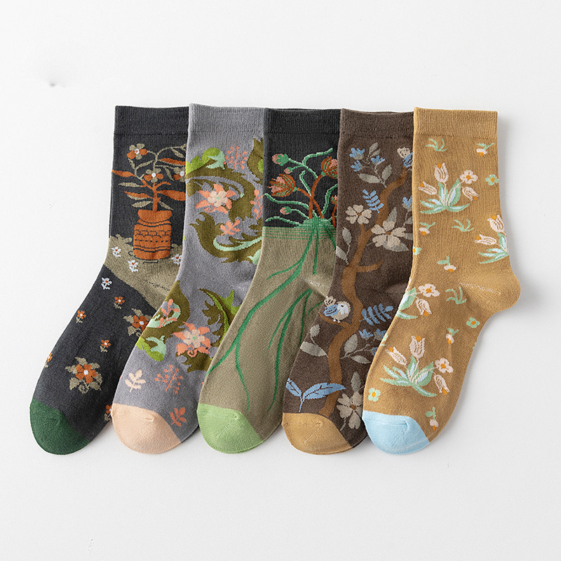 Socks Women's Mid-length Socks Ins Trendy Artistic Style Women's Socks Flower Pot Oil Painting Women's Long-tube Stockings Women's Retro Socks