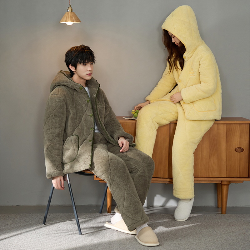 Pajamas de pareja de algodón para hombres y mujeres 2024 invierno más veludo engrosado cardigan con capuz de manga larga ropa de hogar conjunto de calor