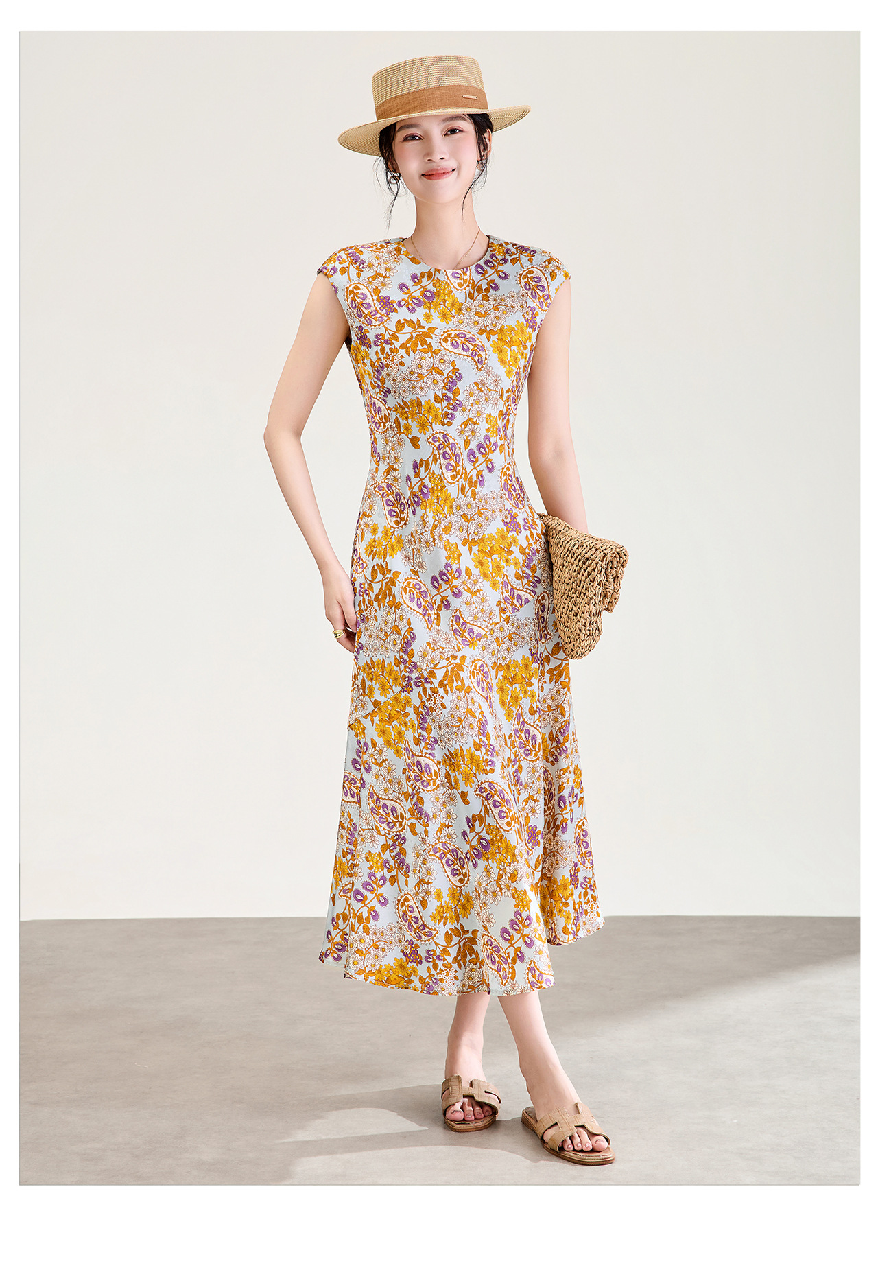 Đầm maxi nữ thắt eo họa tiết hoa vintage phong cách Pháp — màu cam chi tiết 13