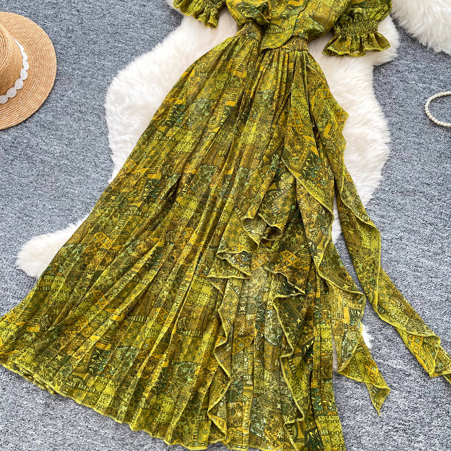 Retro Printed Dress Short Sleeved a Line Skirt Long Slimming Elegant Summer Women's Clothing_ecoleips.com