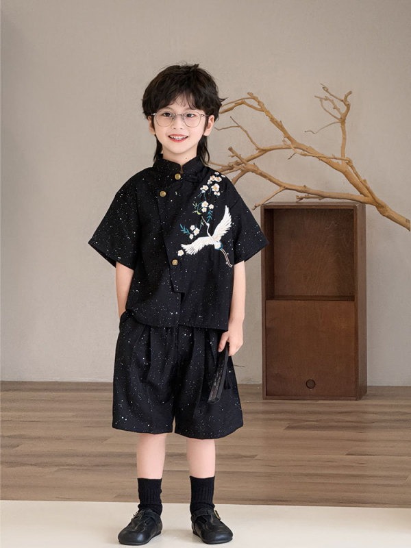2025 ホットスタイル男の子唐スーツ半袖スーツ黒底鶴花刺繍ショーツ漢服ワンピースドロップシッピング|undefined