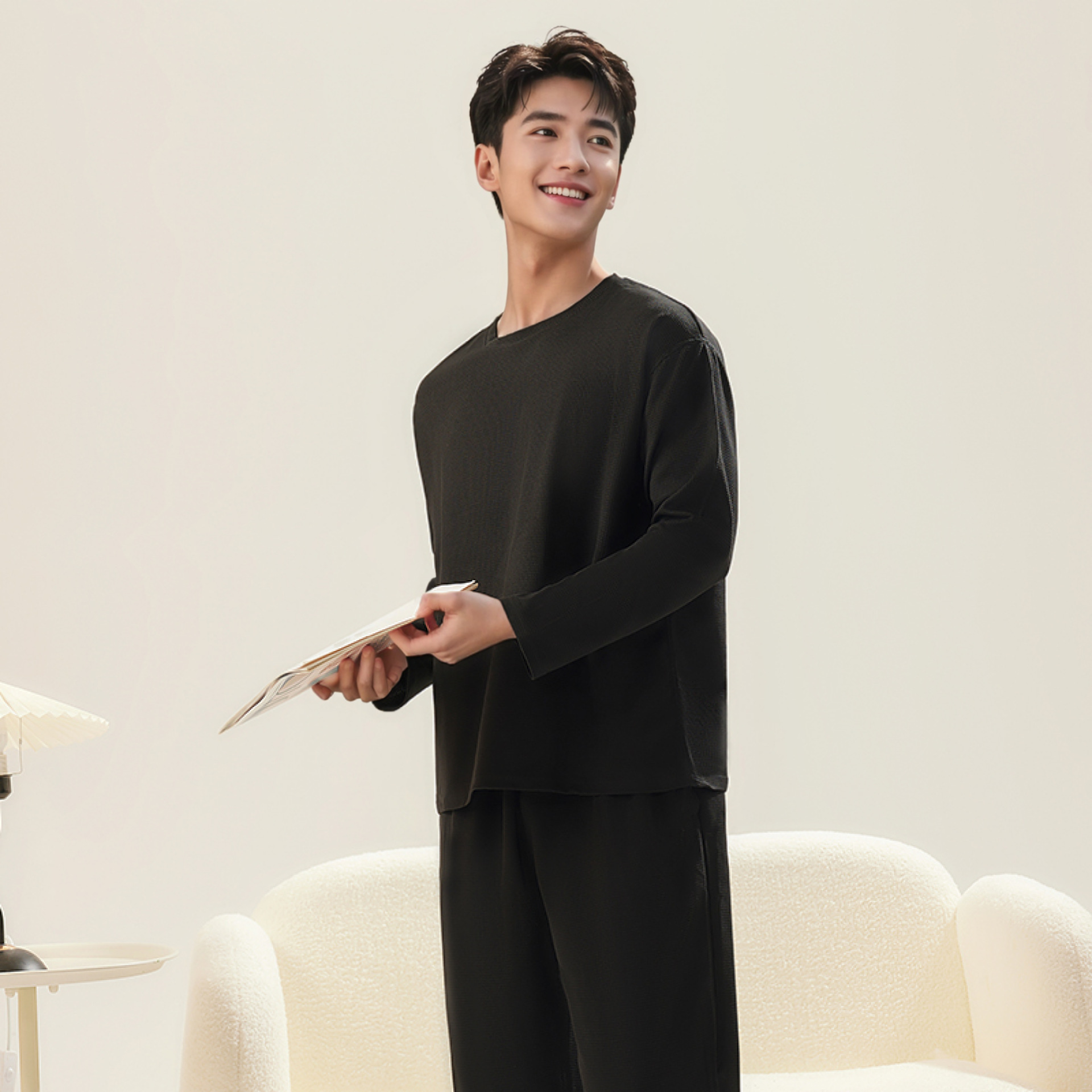 男性と女性のためのパジャマ、ワッフル長袖ズボン、空調服、薄手のカジュアルウェアラブル、大きいサイズのホームカップルスーツ