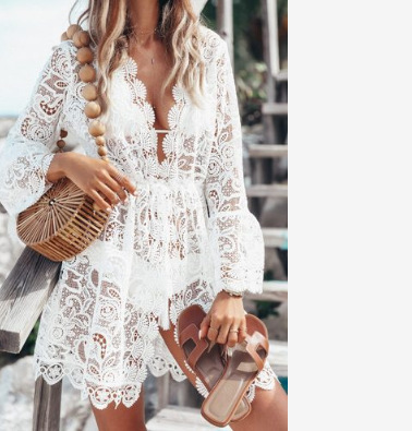Lace Design Wholesale Women's Simple Style Lace Solid Color Holiday Beach V Neck Nine Points Sleeve Sundress