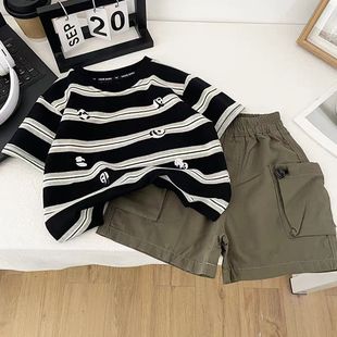 Boys Summer Clothes suit 2025 New Children Striped Short Sleeve Summer Clothes Baby Boy Fashion Pullover Print