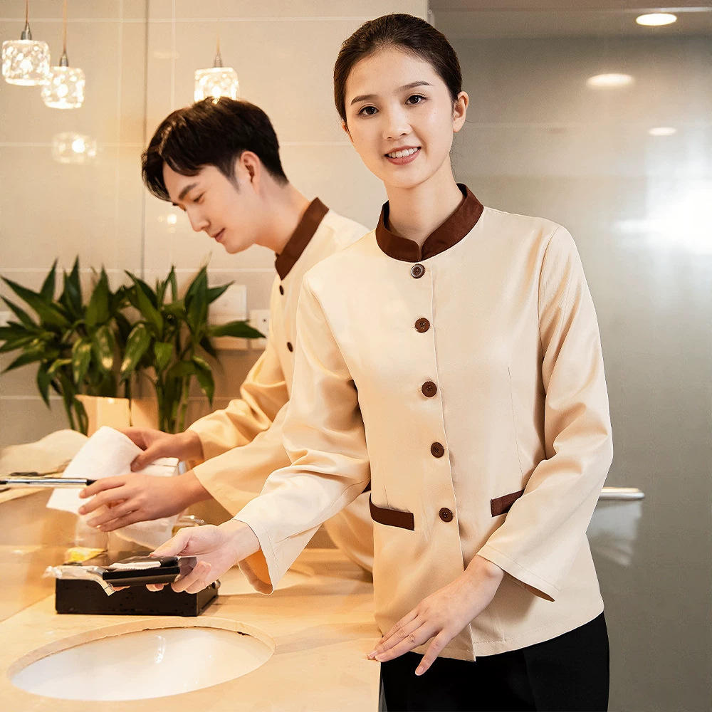 New Chinese style stand-up collar cleaning uniform, long sleeves, suitable for spring and autumn, hotel property management, housekeeping aunties, cleaning staff, and domestic service workers.