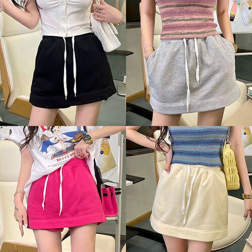 Women's Summer High-Waisted Drawstring Casual Sport Shorts, Sweet Candy Color, Versatile Skort Shorts, Short Length Wide Leg Pants, Trendy
