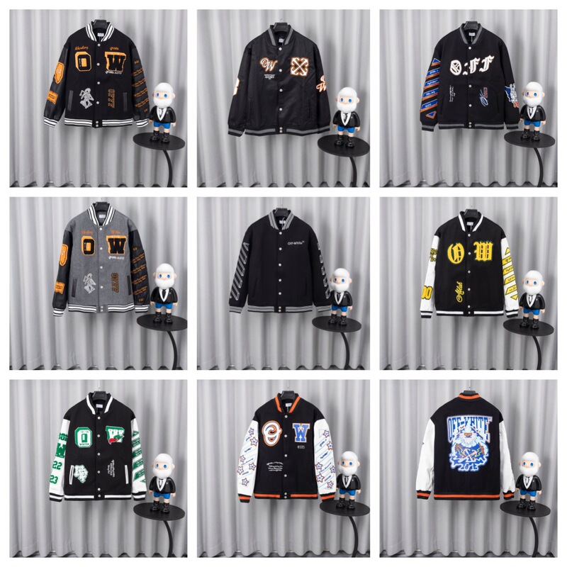 High-End Off-White Baseball Jacket, Trendy Pilot Jacket, High Street Style, Loose and Versatile, Ow Collaboration Baseball Jacket
