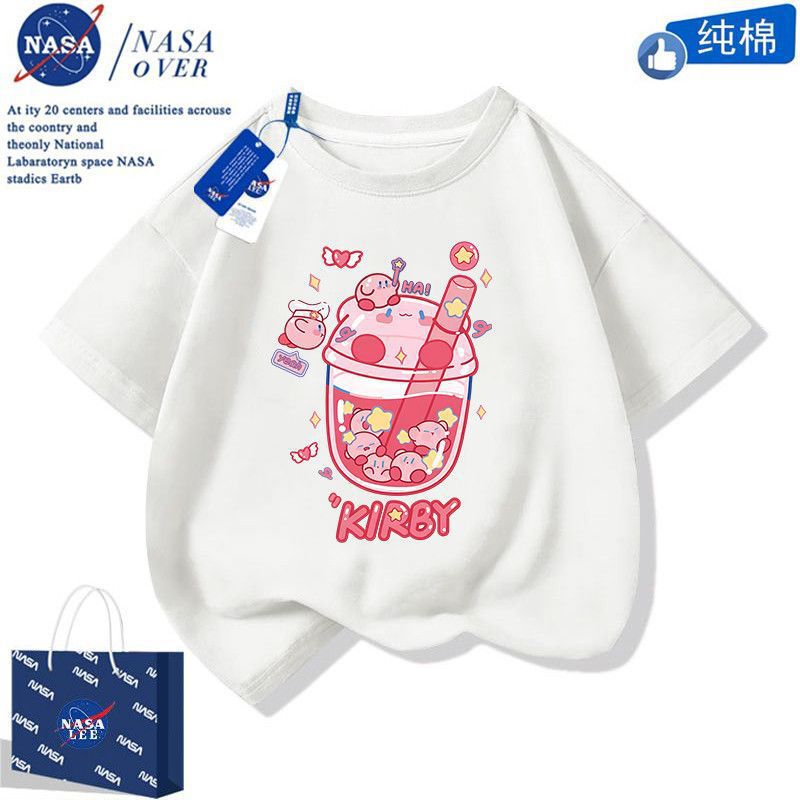 Nasa Co-Branded Cute Kirby Short-Sleeved Summer Cartoon T-Shirt for Boys and Girls, Medium and Large Children's Round-Neck Top Nasa Co-Branded Cute Kirby Short-Sleeved Summer Cartoon T-Shirt for Boys and Girls, Medium and Large Children's Round-Neck Top