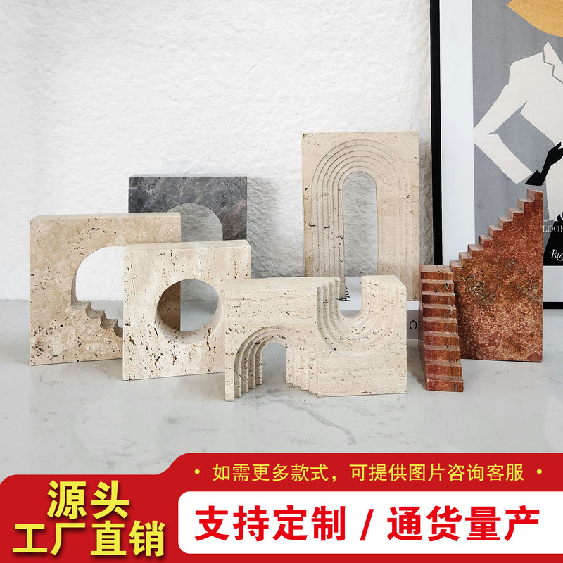 Light Luxury Natural Marble Yellow Travertine Geometric Arch Bookend Study Wine Cabinet Bedroom Living Room Desktop Bookend Ornaments
