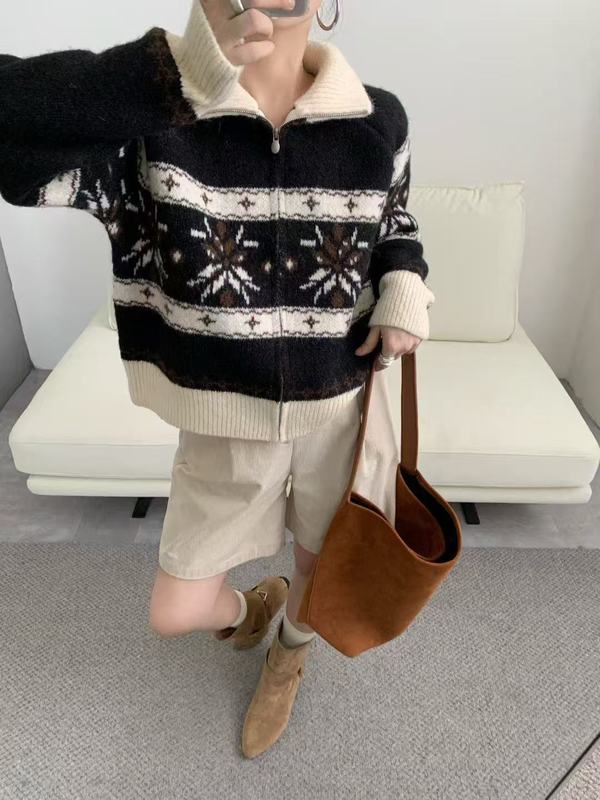趣味雪花费尔岛毛衣外套女秋冬新款雪地氛围感慵懒风显瘦针织开衫|undefined