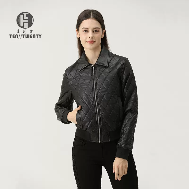【定制链接】外贸女款皮衣夹克菱形格PU皮棉衣外套来图来样代加工