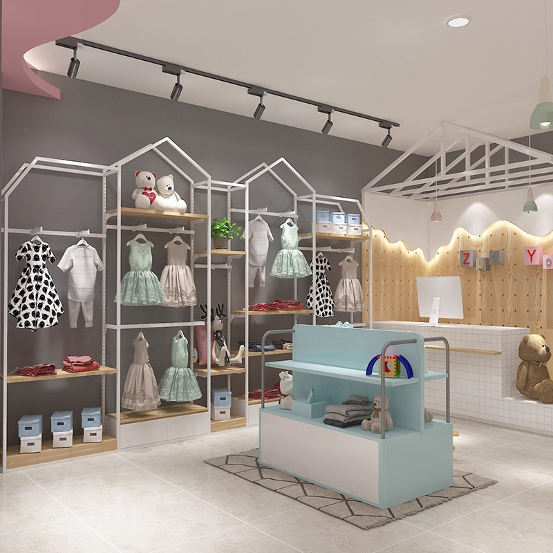 Estante de exhibición de la tienda de ropa para niños Tipo de habitación Estante de ropa de piso a techo Estante de exhibición de la tienda de ropa para niños Estante de exhibición de perchas de la tienda de ropa para niños