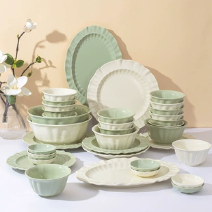 Tableware set, cream collection, multi-piece ceramic dinnerware, jade butterfly design, home gift