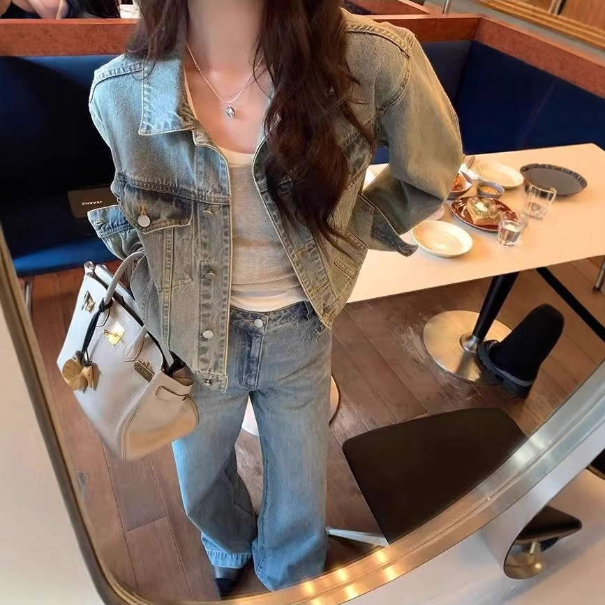 Retro washed denim jacket for women, new Korean style, loose fit, youthful, short casual top/jacket for spring and autumn.