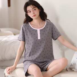 夏季新款纯棉女短袖短裤套头睡衣网红修身女家居服图片色圆领居家