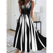 Q 40812 Striped V-neck maxi dress ����ӡ�� V �쳤ȹ�羳