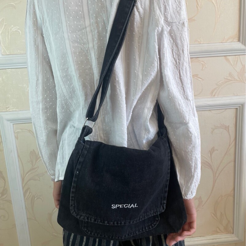 Canvas Bag for Women, Versatile Denim Crossbody Shoulder Bag, Trendy Ins-Style College Student Class Bag, Tutoring Bag