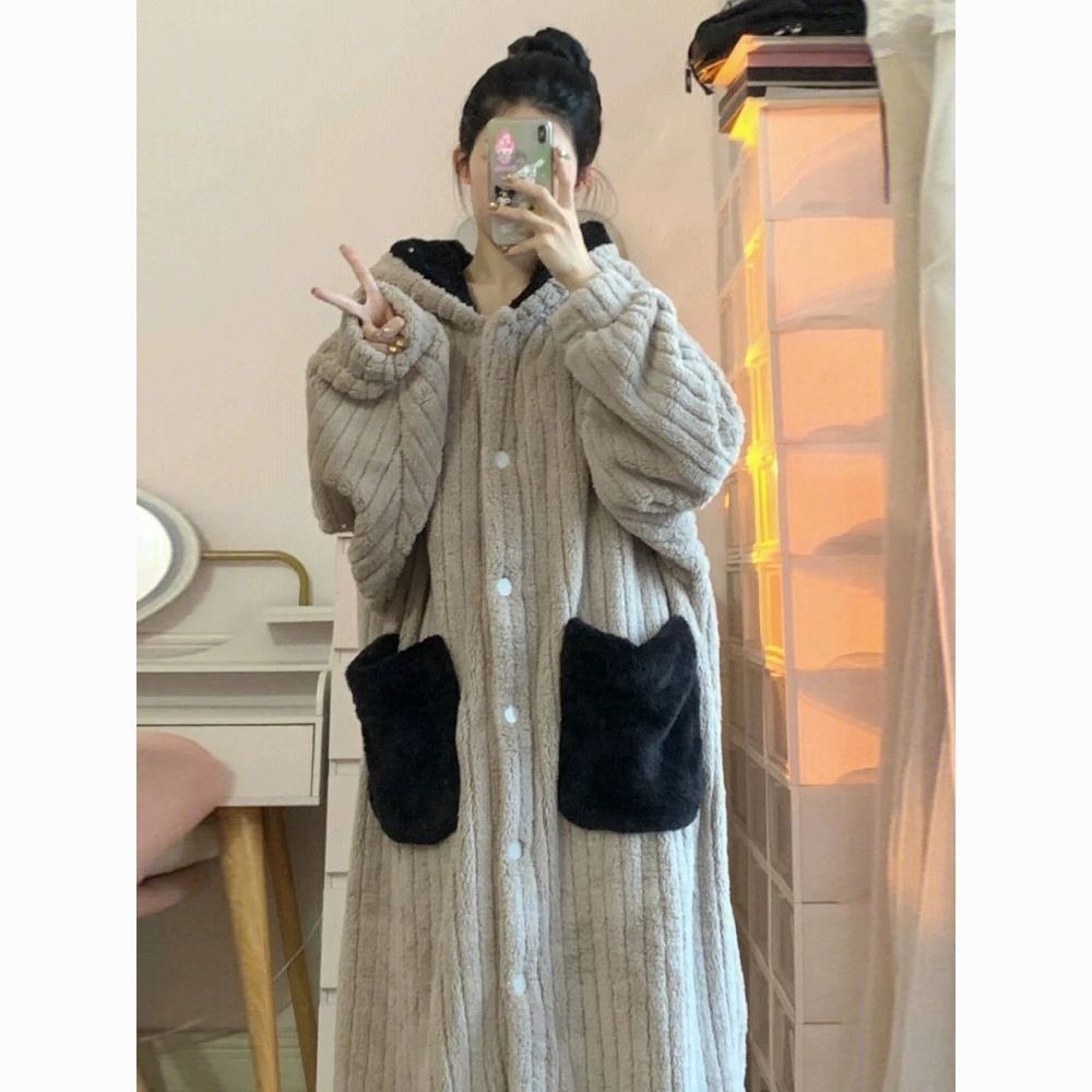산호 양털 나이트가운 여성의 겨울 달콤한 두꺼운 새로운 긴 잠옷 플란넬 파자마 여성 겉옷 홈 옷