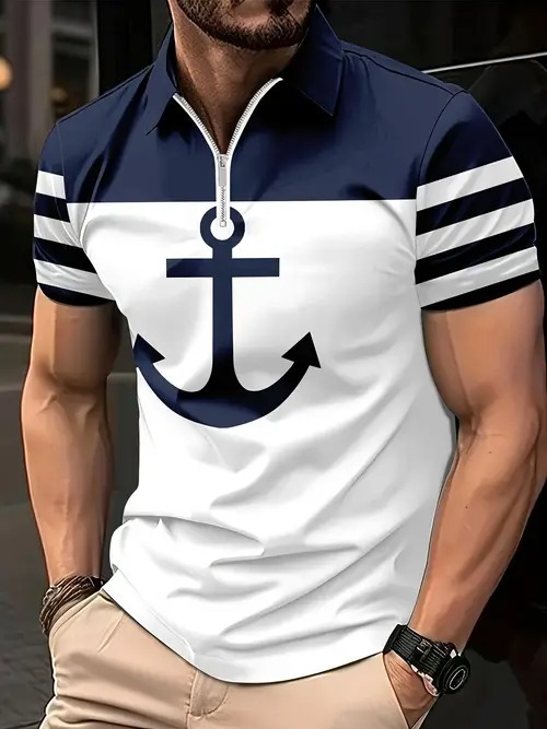 2025 nuevo estilo europeo y americano transfronterizo Amazon casual todo-fósforo patrón de bandera de manga corta cremallera camisa POLO MB13