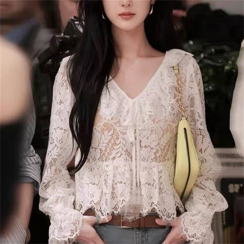 Celebrity-Inspired 26 Spring/Summer Design Hollow Lace Top for Women, Stylish Versatile Ruffled Shirt