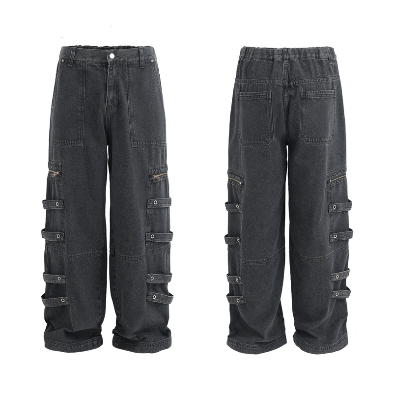 Men's Clothing Distressed Wash Tooling Jeans Men's and Women's New Fashion Brand Pocket Zipper Design Sense Side Strap Loose Straight Pants_viptrois.com