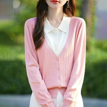 开衫显瘦上衣气质外塔秋冬款针织开衫外套女POLO领撞色假两件毛衣
