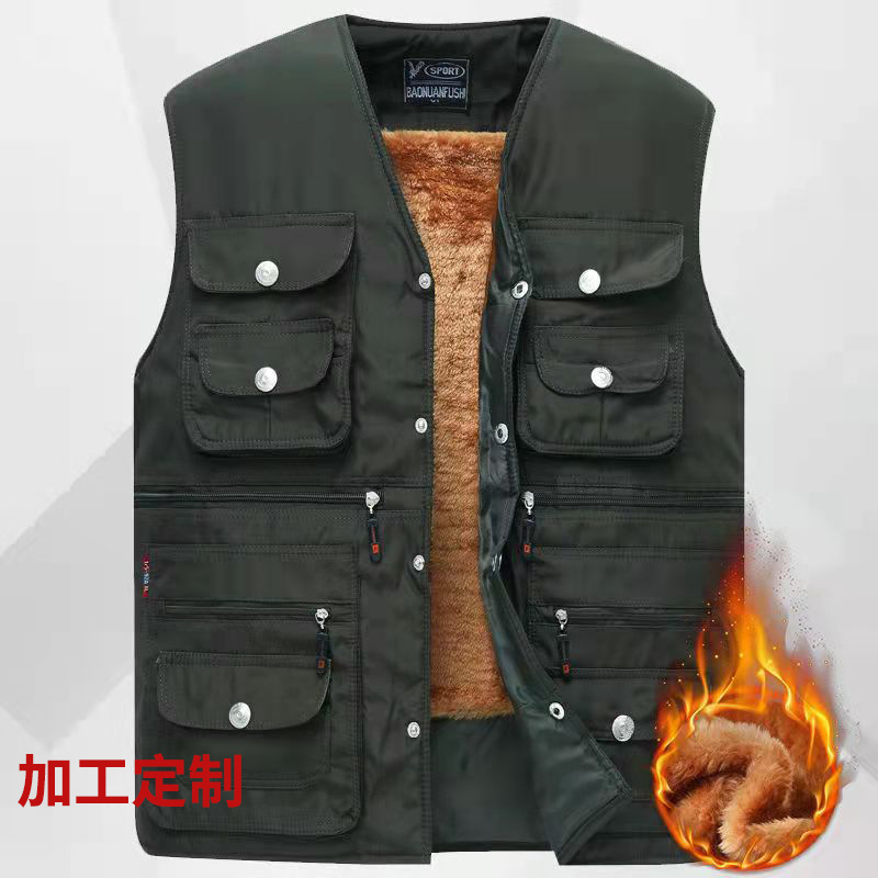 冬季时尚加绒加厚马甲 男士保暖爸爸外套装 纯色八口袋休闲背心