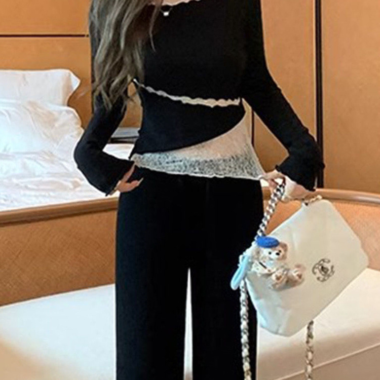 Lace Stitching Hollow-out Early Autumn Chic Long-sleeved T-shirt Women's High-end Skinny Base Shirt Autumn and Winter Inner Top