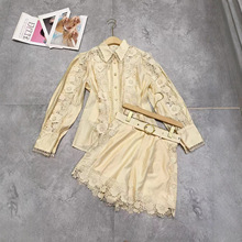 时尚水溶蕾丝钩花镂空短袖荷叶边上衣洋气设计感高端显瘦短裤套装