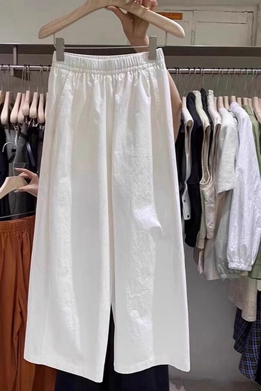 広州十三行高品質〜女性用白いウエストゴム綿とリネンのワイドレッグパンツ、ゆったりとした股をカバーし、スリムに見える日本の山本パンツ|undefined