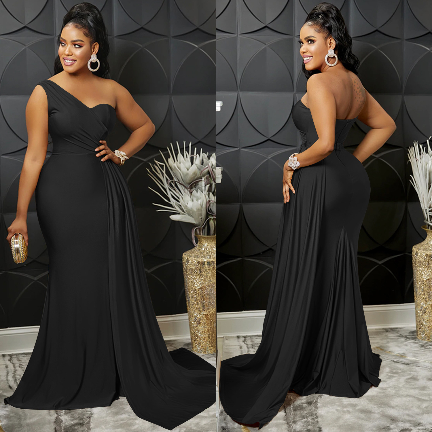 X5819 europeo y americano nuevo AliExpress Amazon moda color sólido partido apretado Vestido de manga de un solo hombro vestido largo para las mujeres image 3