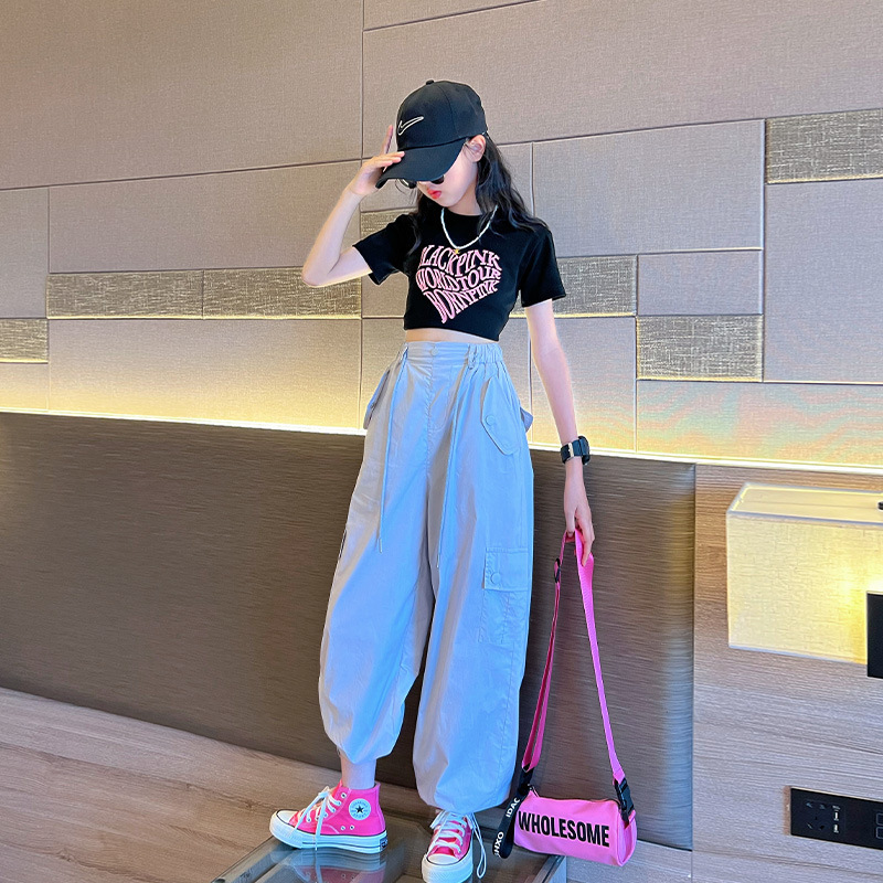 韩版时尚舒适童工装裤女2025新款洋气潮流百搭休闲束脚运动裤女童|undefined