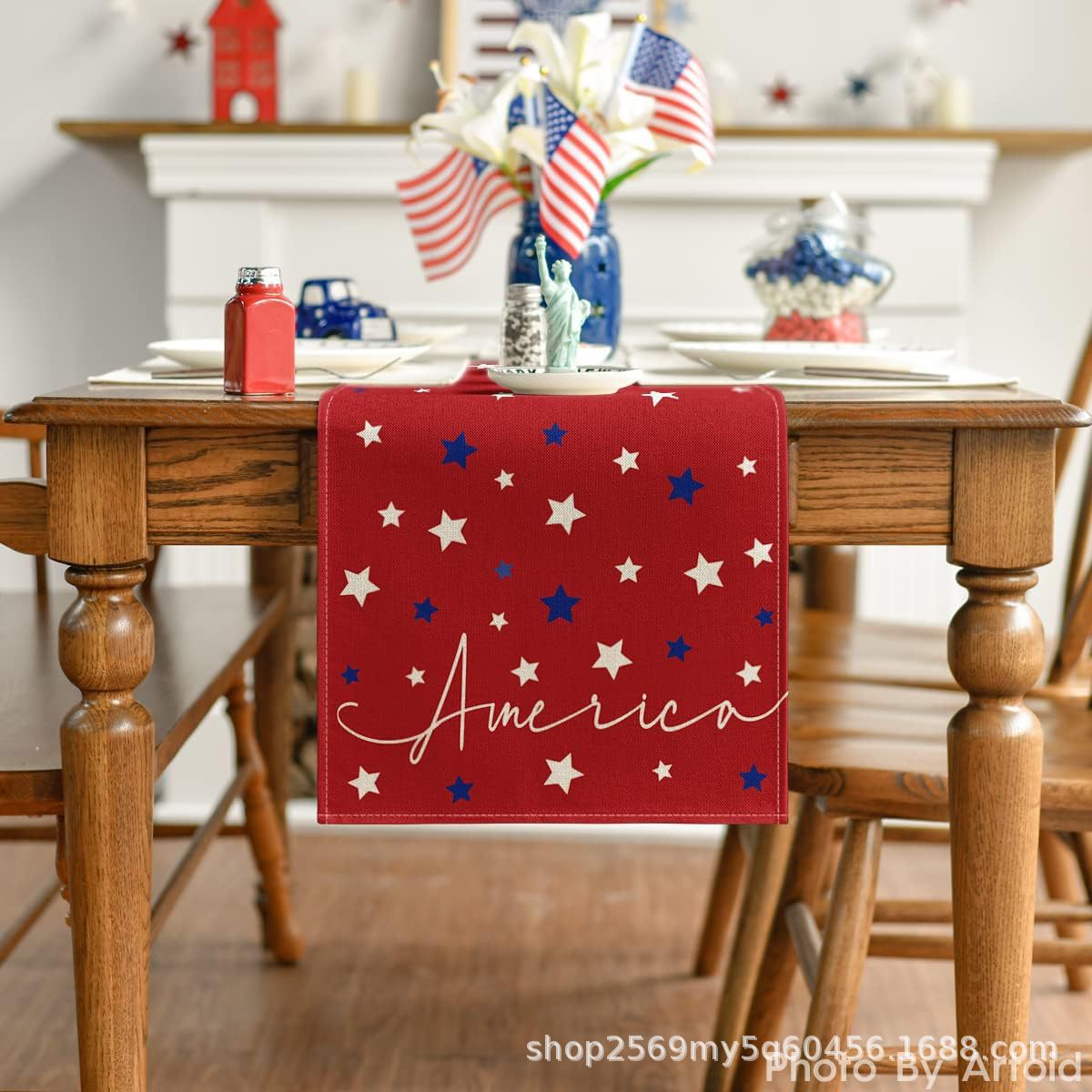 Transfronterizo 2024 nuevo día de la independencia de los Estados Unidos lino bandera de mesa bandera estrella y rayas tela de mesa de comedor cama de té tela de mesa image 3